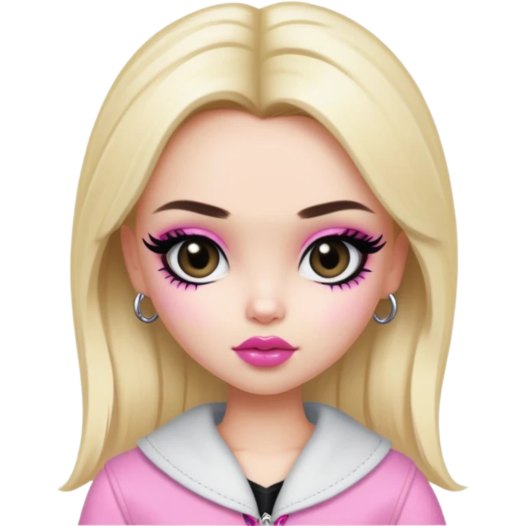 pretty bratz girl, blonde hair, dark brown eyes, pink lips, black eyeliner, pale skin, y2k clothes emoji