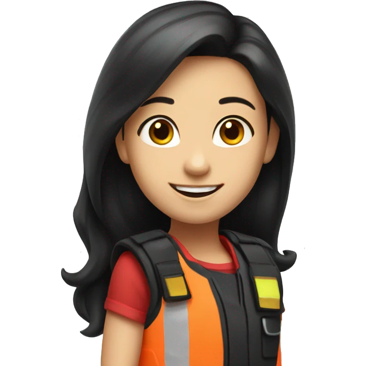 smiling girl with long black hair in red safety vest emoji