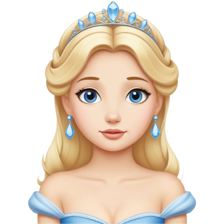 Cinematic Timeless Cinderella Portrait Emoji, rendered in a realistic, simplified vector style. Depict a classic Cinderella with delicate fair skin, beautifully styled blonde hair, and a calm, content expression, dressed in her iconic gown. The design is highlighted by a soft glowing outline and gentle, enchanting luminosity, capturing the essence of pure fairy-tale elegance. emoji