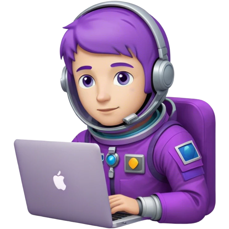 30yr dude astronaut with purple suit, blue eyes, short purple hair and one macbook emoji