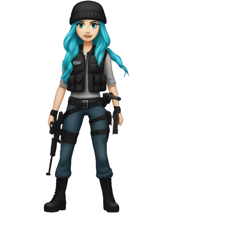Girl, white skin, tactical vest, dark pants, long teal hair, blue eyes, black purple beanie hat, gun, black combat boots emoji