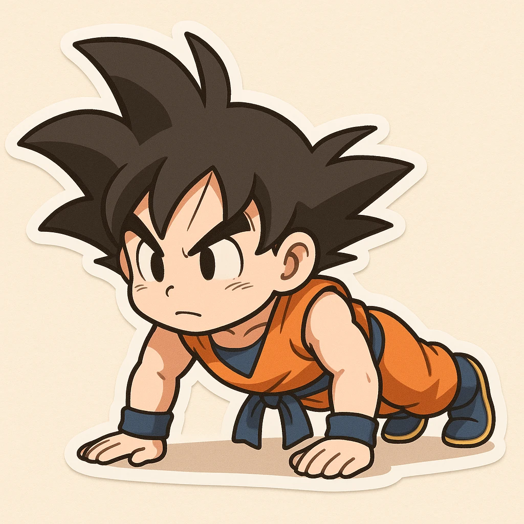 Goku from Dragon Ball Z doing push ups in chibi style emoji