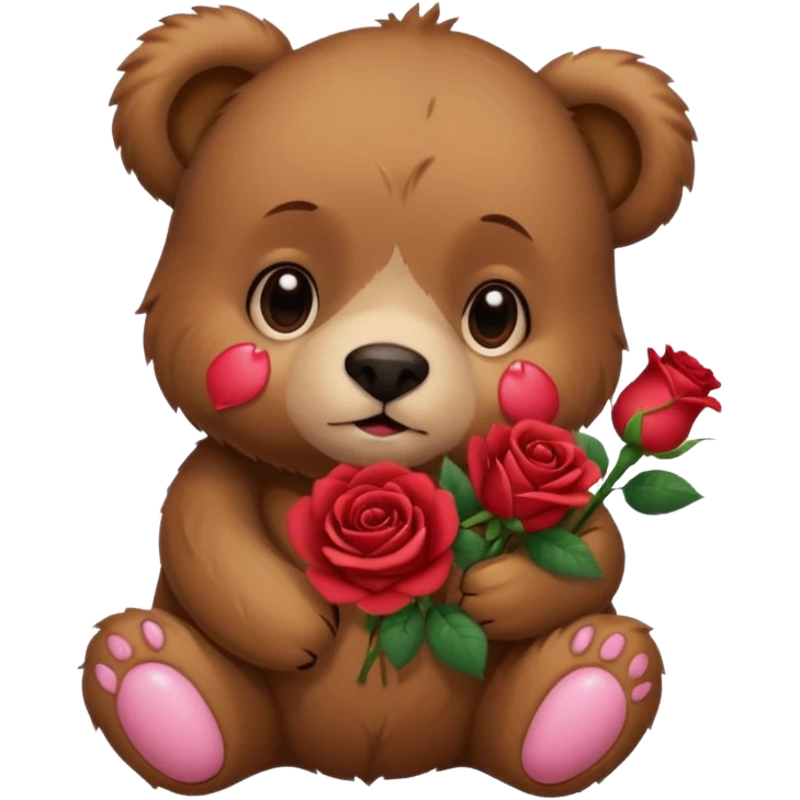 Cute bear with crying  puppy eyes holding roses with this  emoji