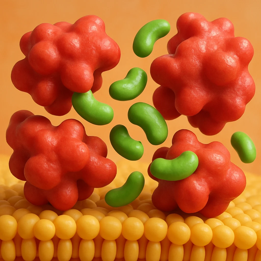 A realistic 3D render and really detailed of enzymes (red) breaking down starch (green) near a cell membrane (yellow). Macro photography style. No labels. emoji