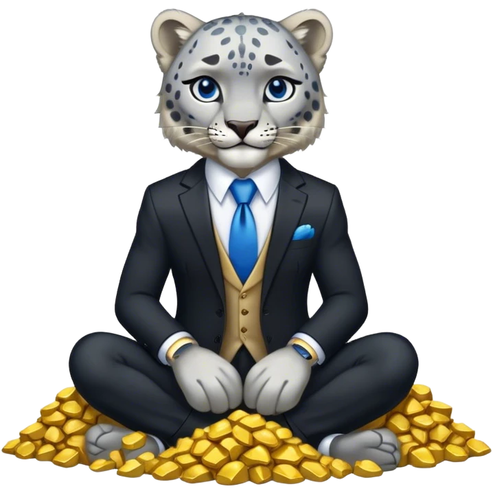 muscular snow leopard in black suit with blue tie sitting on pile of gold nuggets emoji