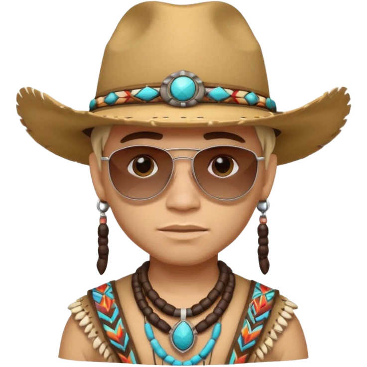 cute Indigenous tribal male portrait, head and shoulders only, cowboy hat, sunglasses, tribal jewelry, confident expression, 3D cartoon, mobile game icon style, clean background, no text, no watermark
 emoji