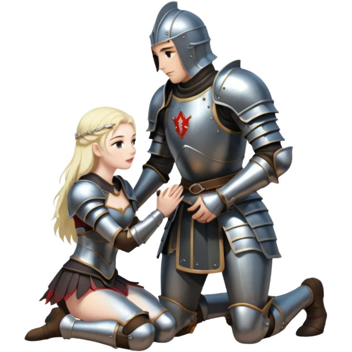 Armored knight kneeling before dark enchantress, erotic power shift emoji
