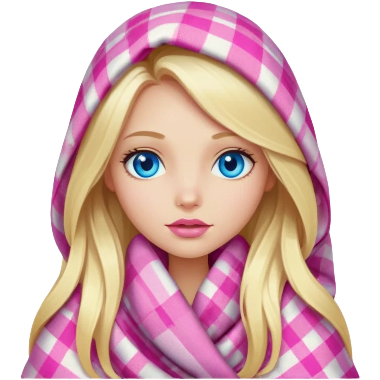 A beautiful blonde girl with long hair, blue eyes, pink lips is wrapped in a plaid with her head emoji