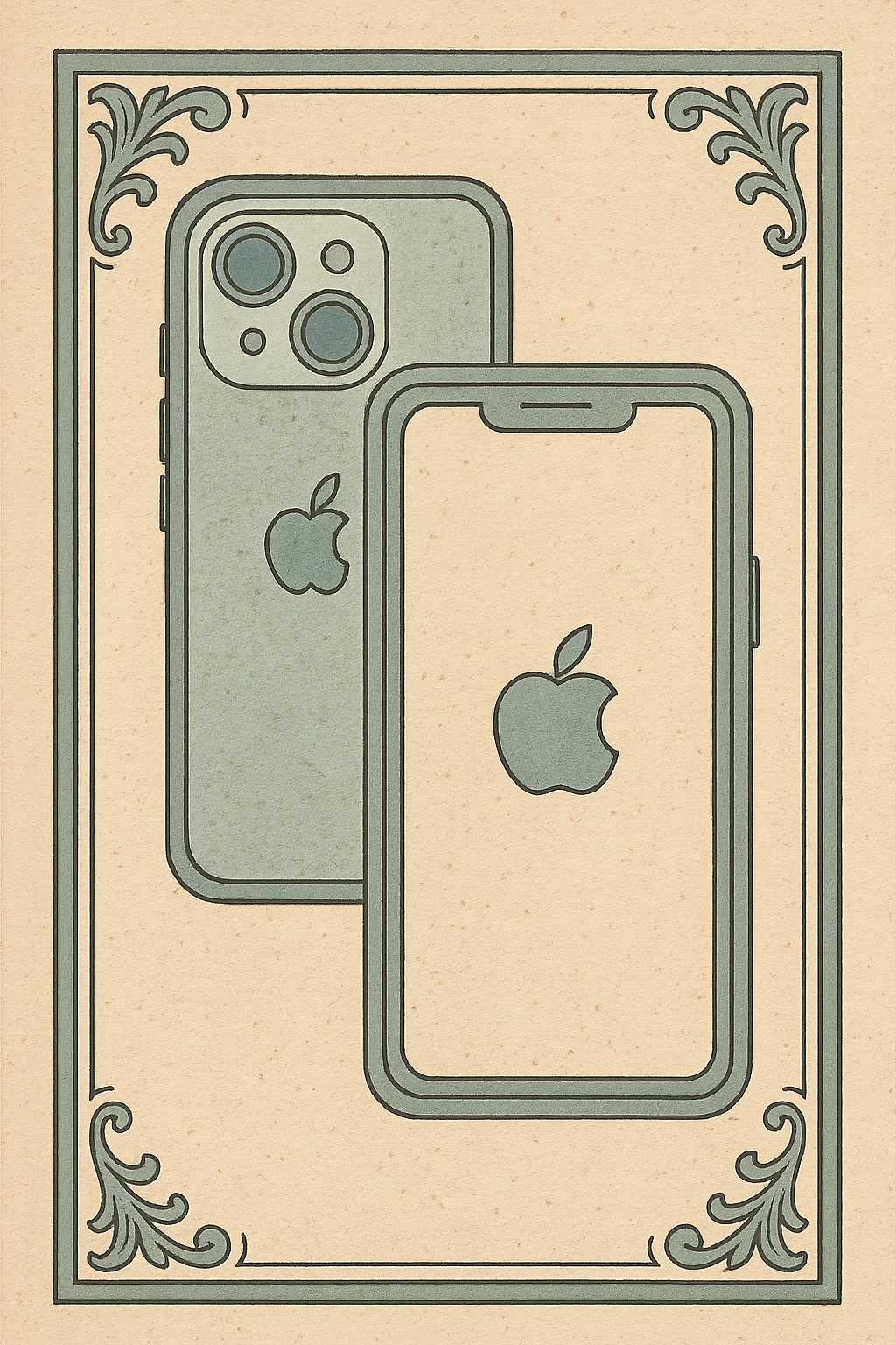 iPhone, classic look, green gold and white color scheme, elegant lines, decorative details emoji