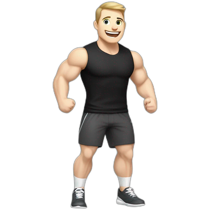Joyful Celebrating victory Pale skinned Fit Man With the biceps and dark brown hair in black shirt, gray sports shorts and white Sneakers emoji