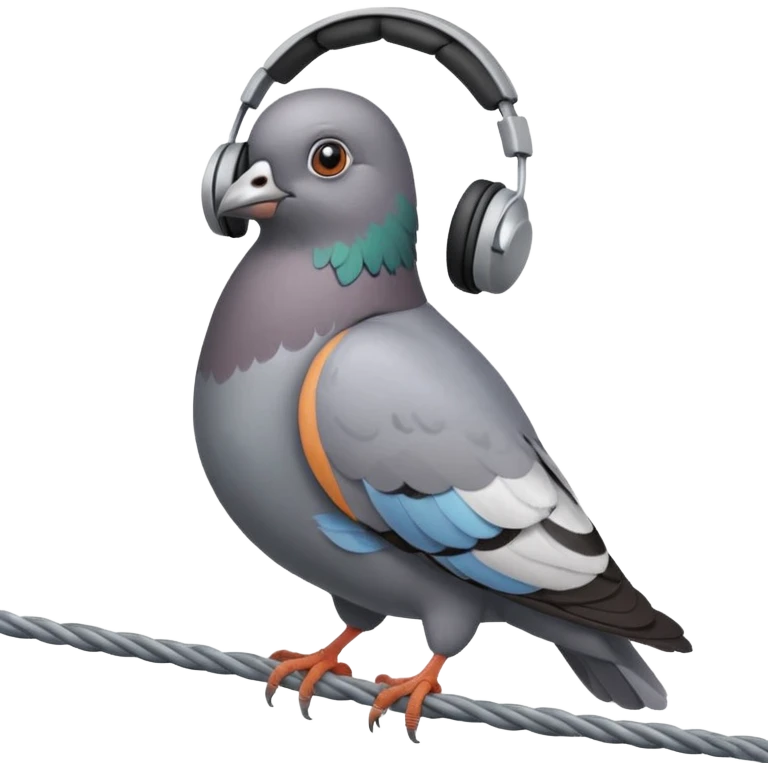 a pigeon perched on a wire, with a headset and earpiece, looking around suspiciously emoji