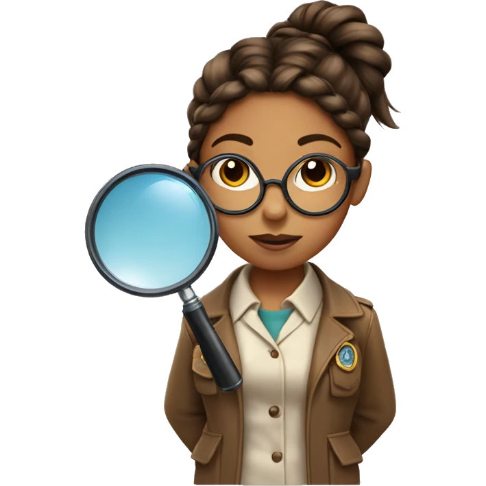 girl detective with brown braided ponytails, glasses and a magnifying glass emoji