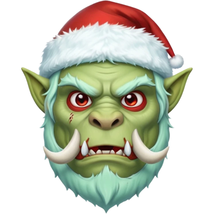 Fantasy orc emoji portrait, Santa Claus hat stretched around tusks, tusks covered with ice and crimson frost cracks, cold predator expression, winter hunt atmosphere, minimal clean emoji design, male/female variant
 emoji