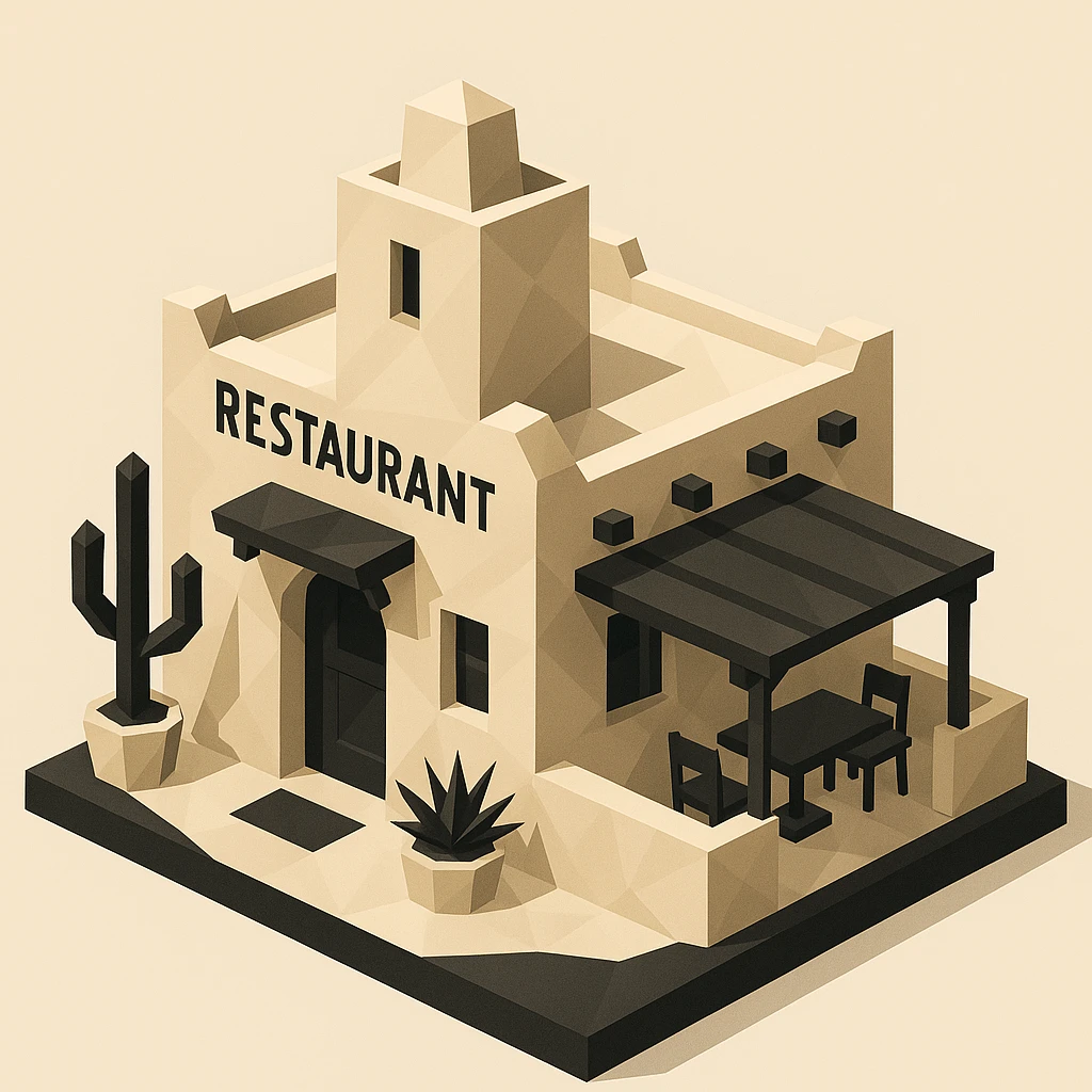 isometric exterior of a southwestern restaurant, black, beige, and white color palette, dollhouse style, low-poly polygonal 3D look emoji