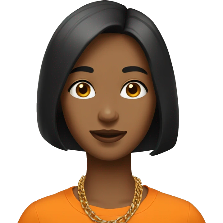 Woman wearing gold necklaces with long black bob with orange tshirt emoji