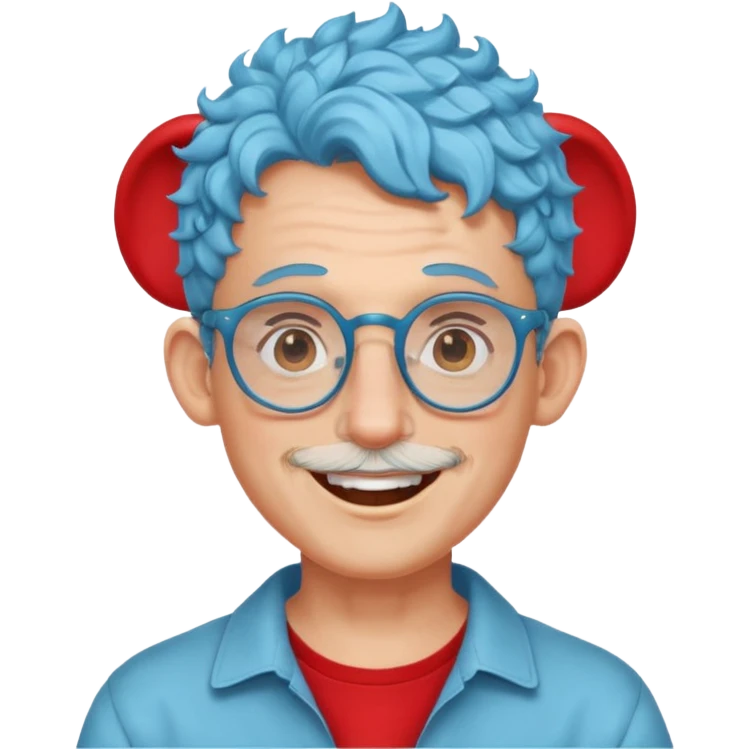 light blue haired man curly hair with big ears and red earrings and spectacles happy emoji