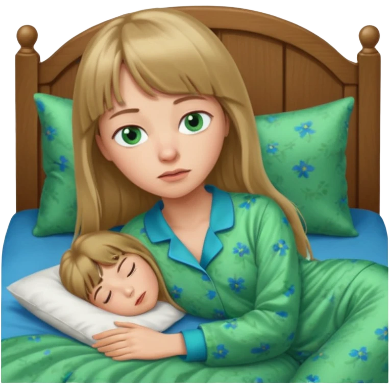 Woman with long dark blond hair and bang, blue eyes sleepy in bed  with green pyjama emoji