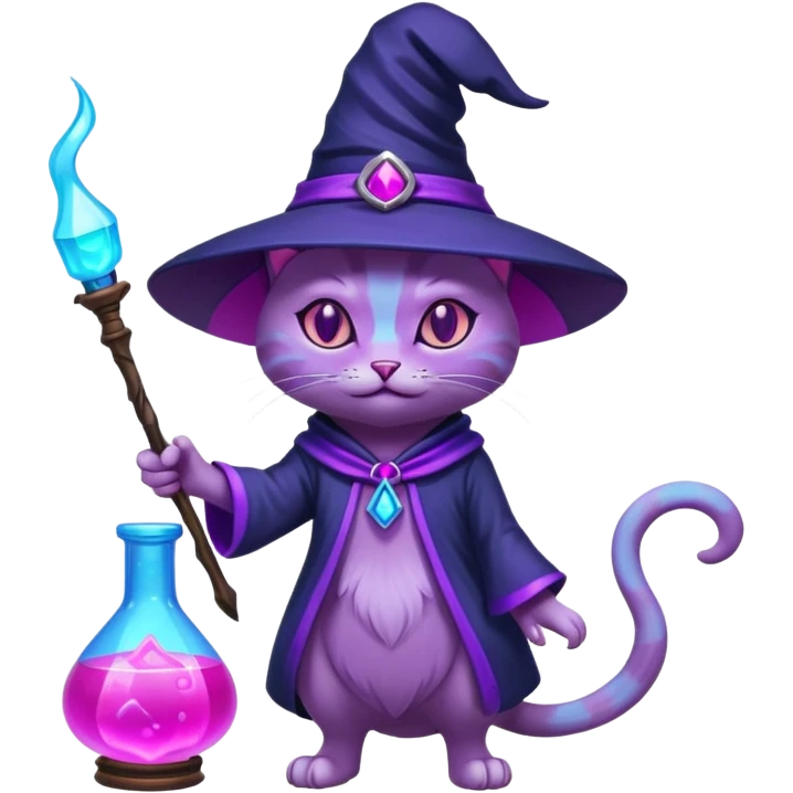 Purple witch cat full body with pink potion neon  and blue potion neon emoji