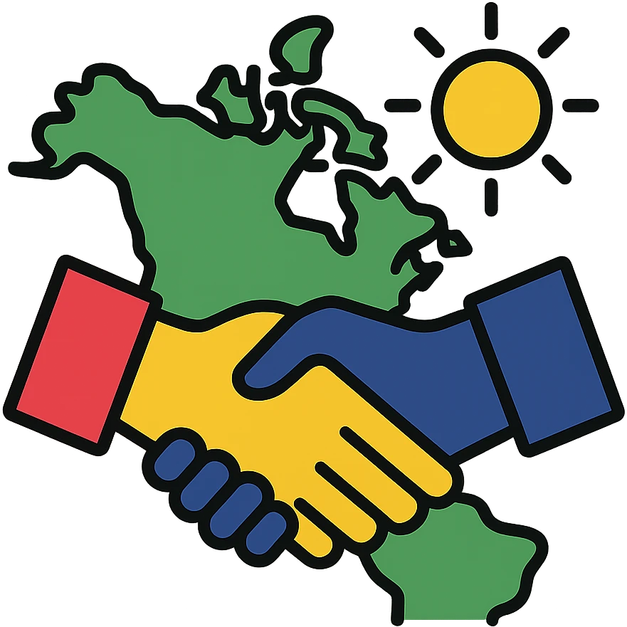 business handshake over a map of North America with sun in the background, symbolizing collaborative summer internship at Ipsos emoji