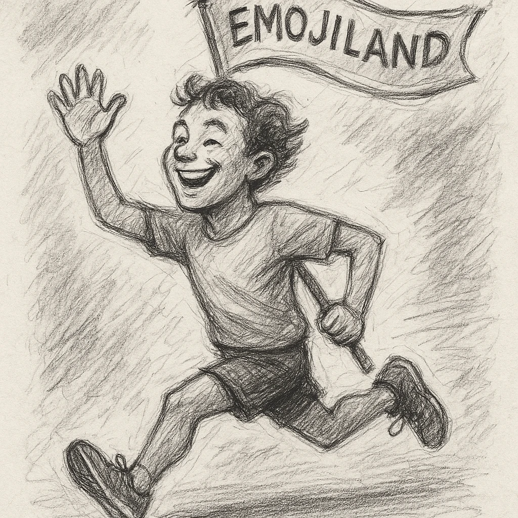 happy runner waving a flag that says 'emojiland’ emoji
