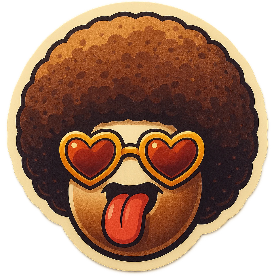 White circle coffee bean face, afro, heart glasses, big heart eyes, tounge rolled out emoji