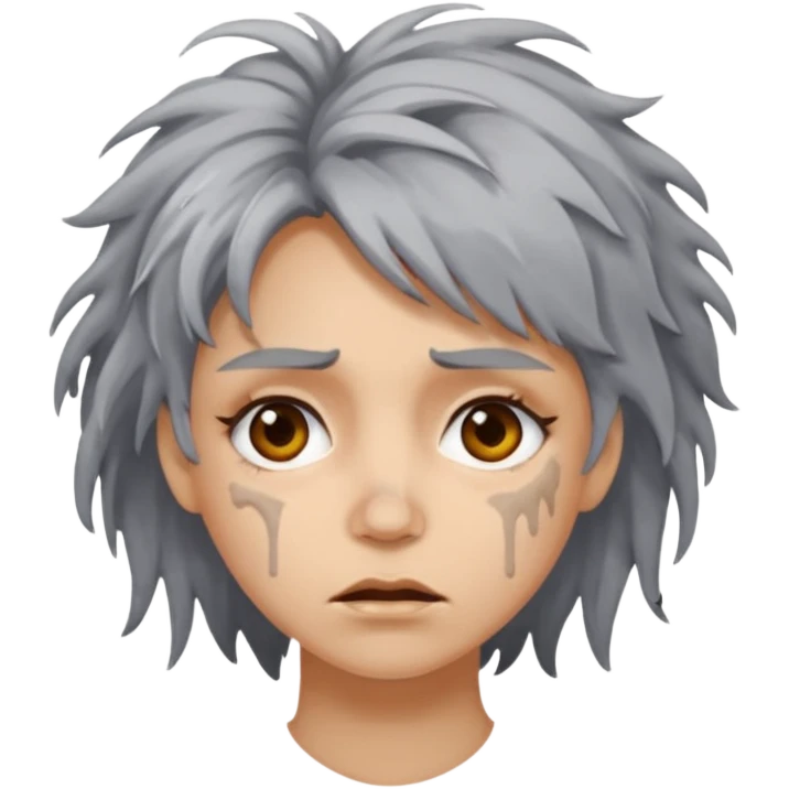 very dirty looking homeless woman very very dirty and smelly looking face only, not old with stains everywhere and messy hair and lots of stains on face ugly, stains grey  emoji