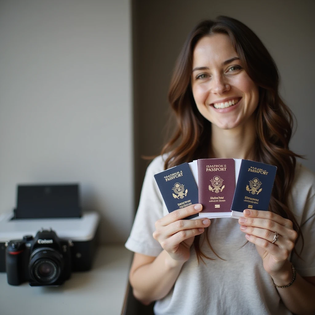 realistic thumbnail image for a passport photo printing service, showing a person smiling while holding freshly printed passport photos, with a camera and printer visible emoji