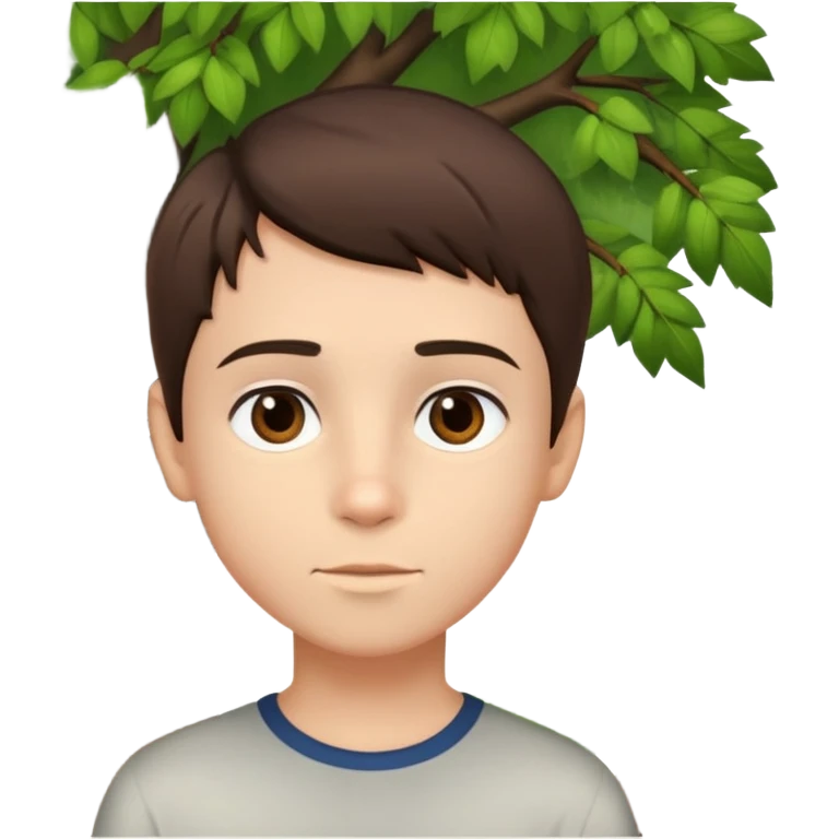 boy with straight short brunette hair brown eyes and tree behind emoji