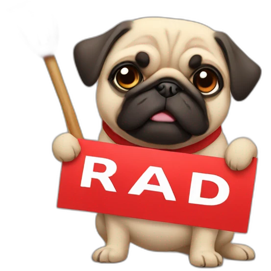 anime pug holding a sign that reads "RAID" in bright red font emoji