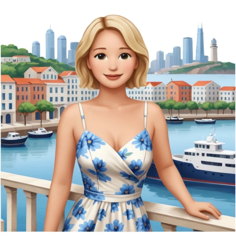 jennifer lawrence, closeup portrait , leaning on a balcony with a harbor and cityscape in the background, smiling emoji