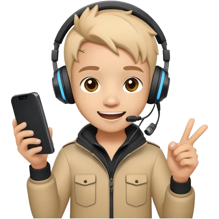Cute cartoon character with gaming headset holding a mobile phone playing Free Fire, with excited eyes and happy expression emoji
