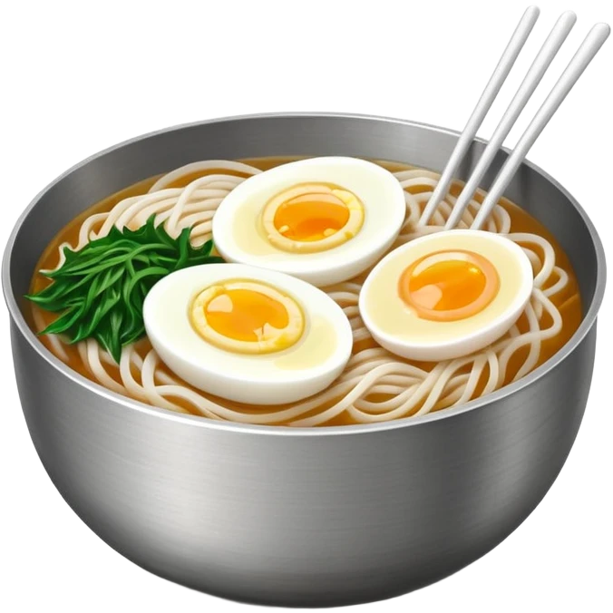 Korean cold noodles (naengmyeon) in a metal bowl, with thin noodles, cold broth, and a half boiled egg on top, iPhone emoji style emoji