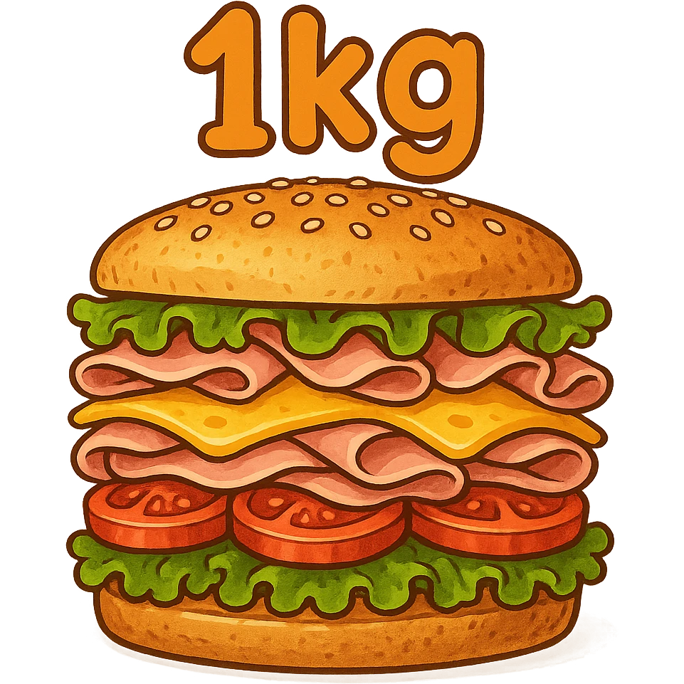 giant sandwich with '1kg' written in a playful, bouncy font emoji