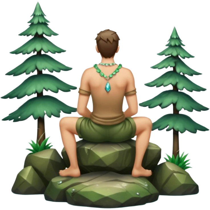 full body forest hunter man, from behind sitting on rock, wet back, crystal necklace visible emoji