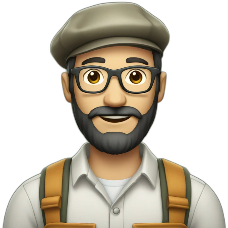 full body of an happy gardener face long dark beard and short dark hair with little transparent glasses and a beret emoji