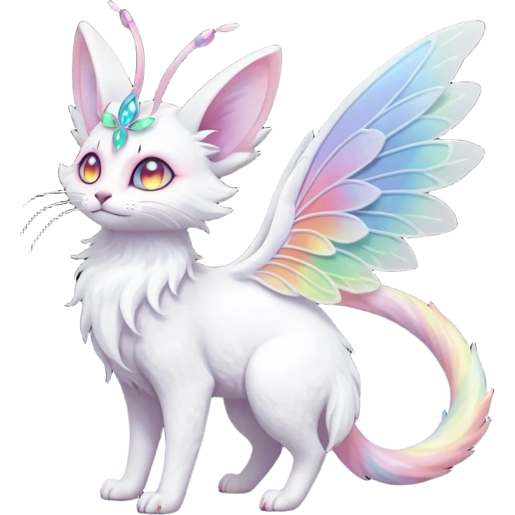 Pure-snow-White albino iridescent with pastel rainbow-gradients-color-markings with swirly patterns butterflies  faerie-Noivern-Noibat-Purloin-Torracat-Lykoi-Caracal-cat-Fakemon-fusion-hybrid-creature emoji