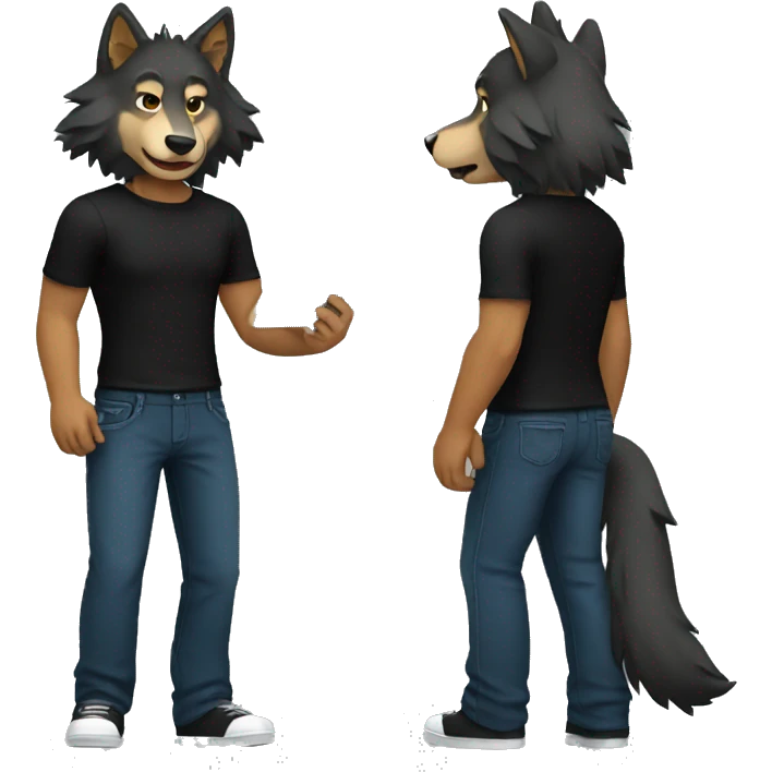 create a wolf in a black shirt and pants and tablet in hand emoji