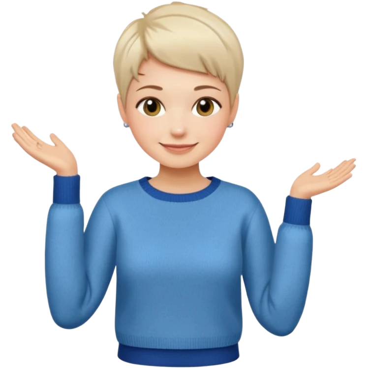 woman sitting chair short pixie hair jeans sweater smile  emoji