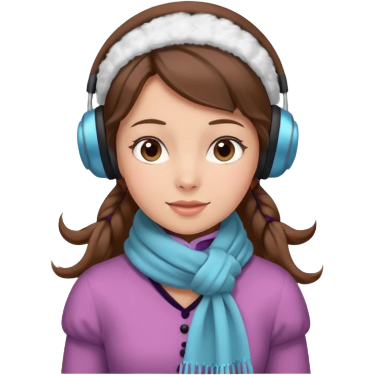 Victorian ice skater in a long dress. She is wearimg a scarf and earmuffs. She has boriwn hair. emoji