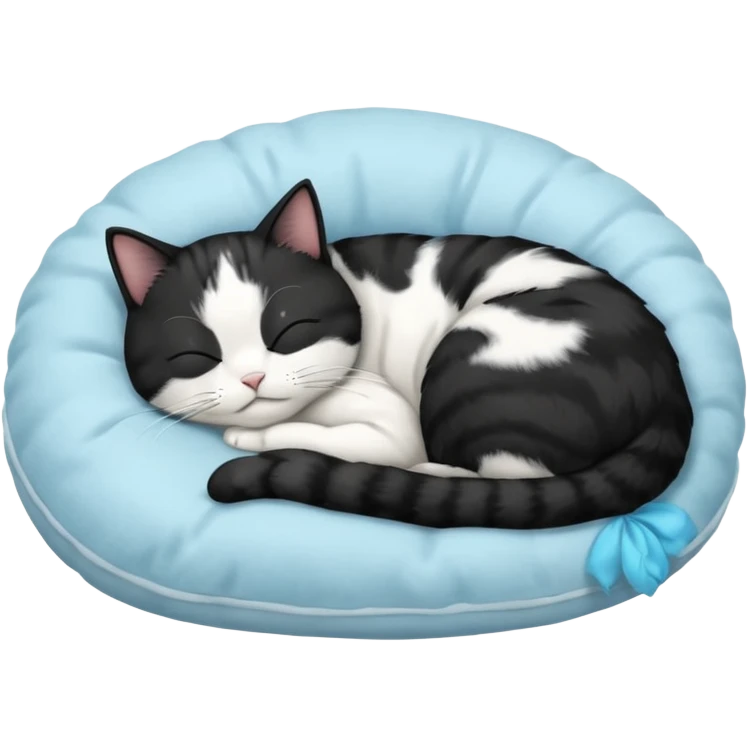 tuxedo short haired cat with his eyes closed sleeping in a lightblue pillow emoji
