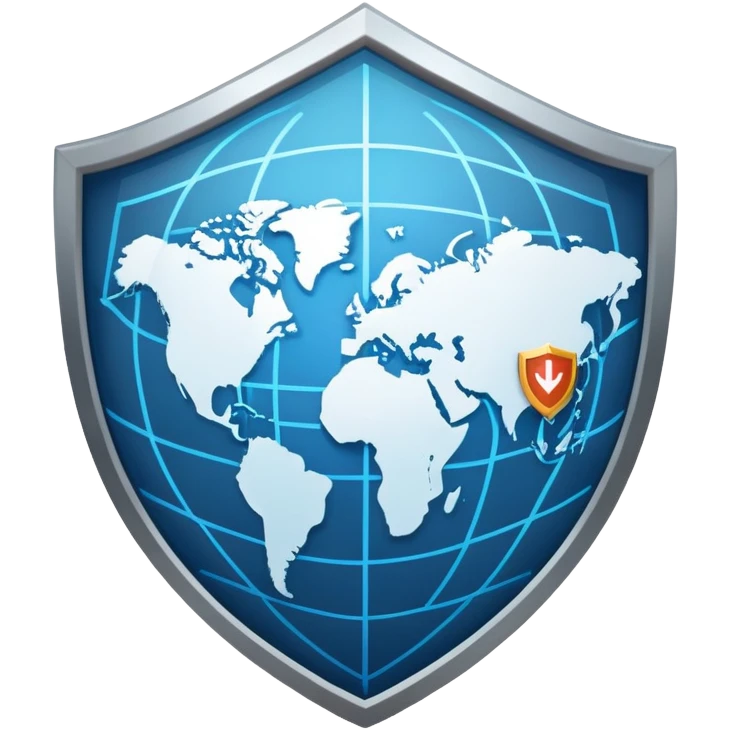 A secure VPN logo with shield, network connections and a globe emoji