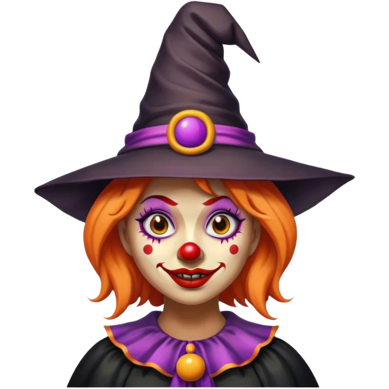 a woman travels in another country by wearing a witch hat and clown face emoji