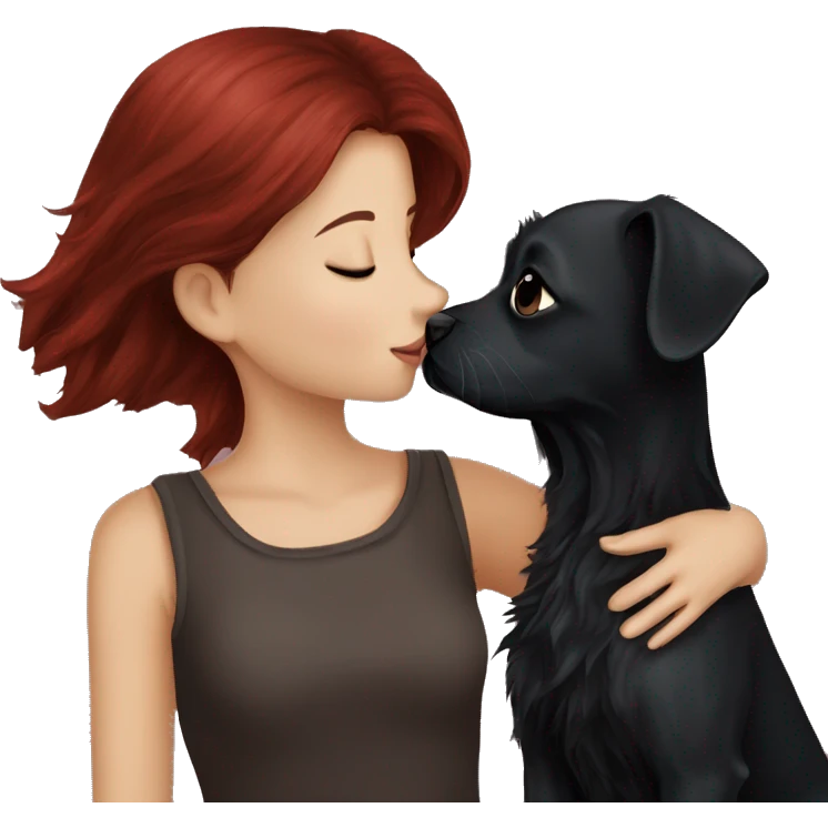 Dark-red-haired girl kiss her Black-Maltese-Black-dog emoji