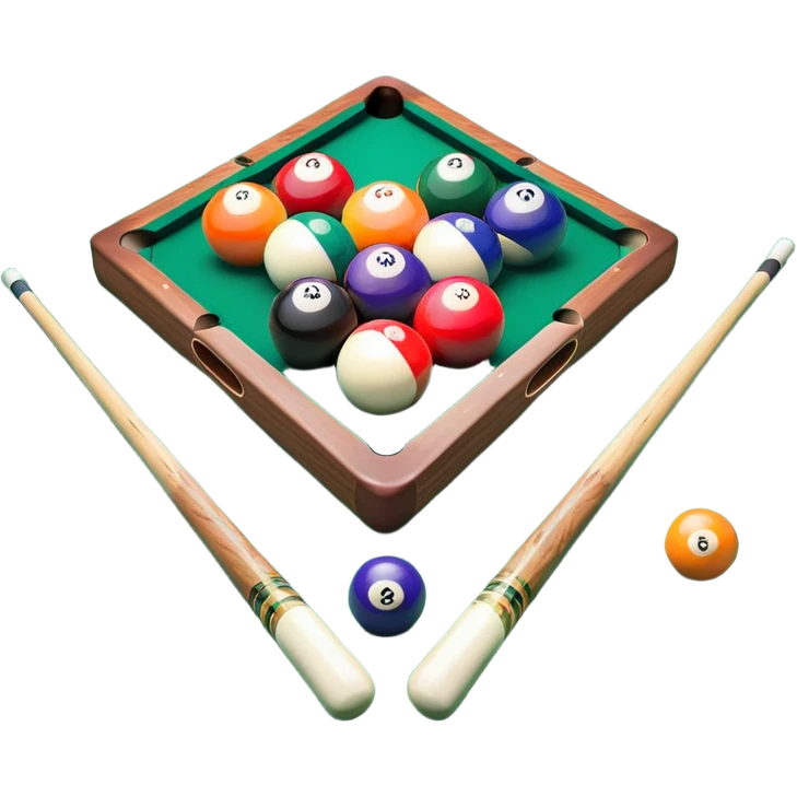 Two crossed pool cues resting on a billiard table, with colorful billiard balls scattered across the surface. The background features the felt of the table, creating an inviting atmosphere for a game of precision and strategy emoji