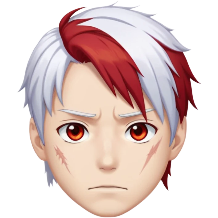 Shoto Todoroki face only, left side white hair, right side red hair, heterochromatic eyes, burn scar on left side of face, serious expression emoji