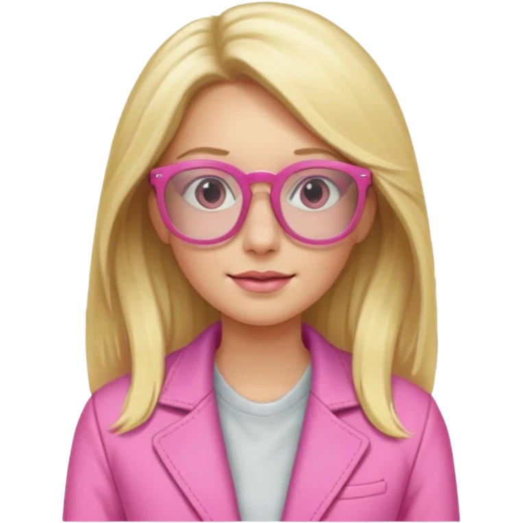 Portrait of Blond woman with long hair, wearing pink jacket and pink glasses emoji