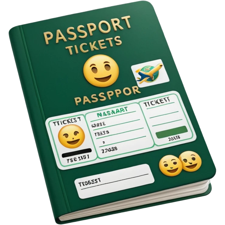 open white passport with embedded airline tickets, dark green details on tickets and passport, emoji style emoji