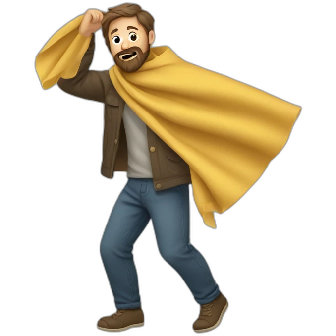 bearded man throwing fabric over shoulder in shame emoji