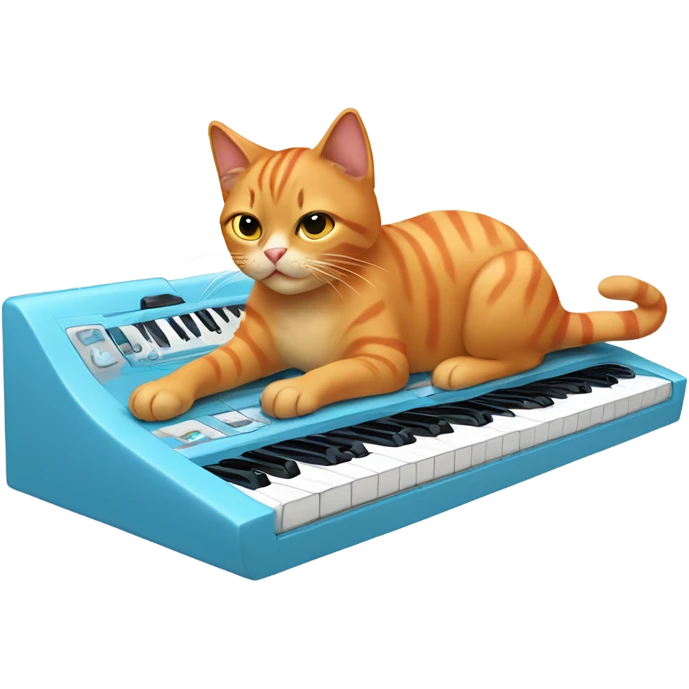tan-red cat wearing a light-blue t-shirt taps musical keyboard emoji