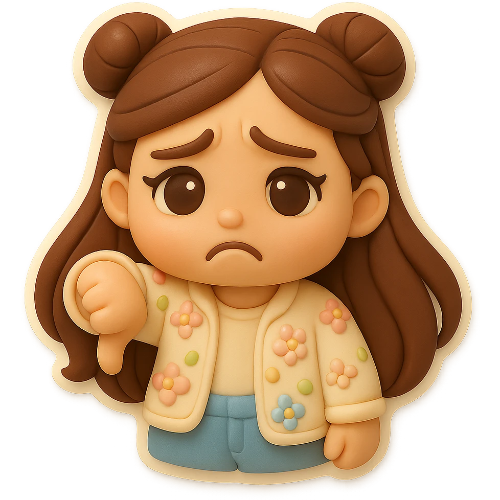 3D chibi fondant cake art style, high-quality rendering with smooth shadows and soft gradients. Girl based on reference image (preserve facial features), long brown hair in two space buns, brown eyes, jeans, pastel floral cardigan, thick white outline like a sticker, transparent background. Thumbs down, disappointed expression. Make sure her appearance matches previous stickers. emoji